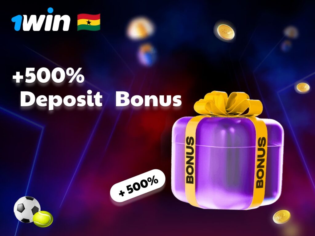 Breakdown of the +500% deposit bonus structure at 1Win Ghana, applied across the first four deposits