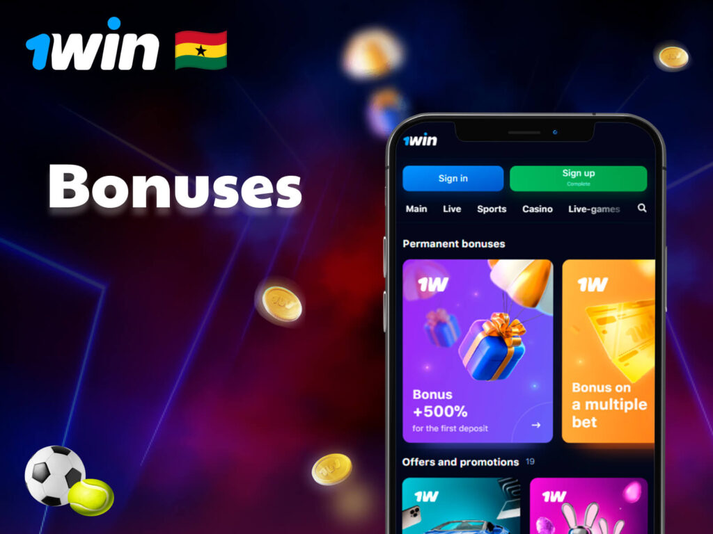 Variety of bonus offers at 1Win Ghana, including rewards for slots, sports betting, and live games