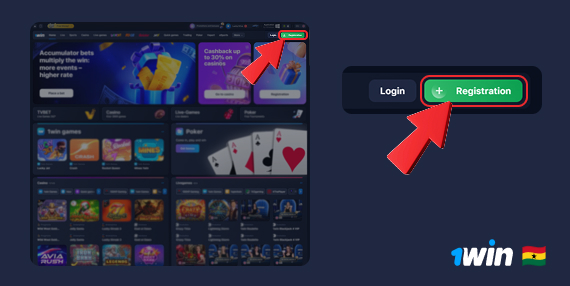 1Win homepage with the 'Registration' button highlighted