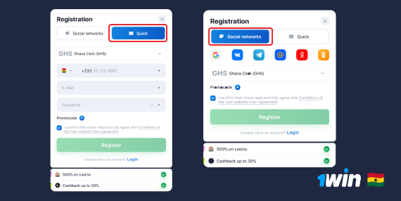 Choose your registration option: Quick Registration or Registration via Social Media