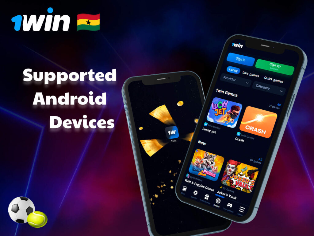 1Win app supported Android devices — examples include Samsung Galaxy S10, Huawei P30, and Xiaomi Redmi Note 10.